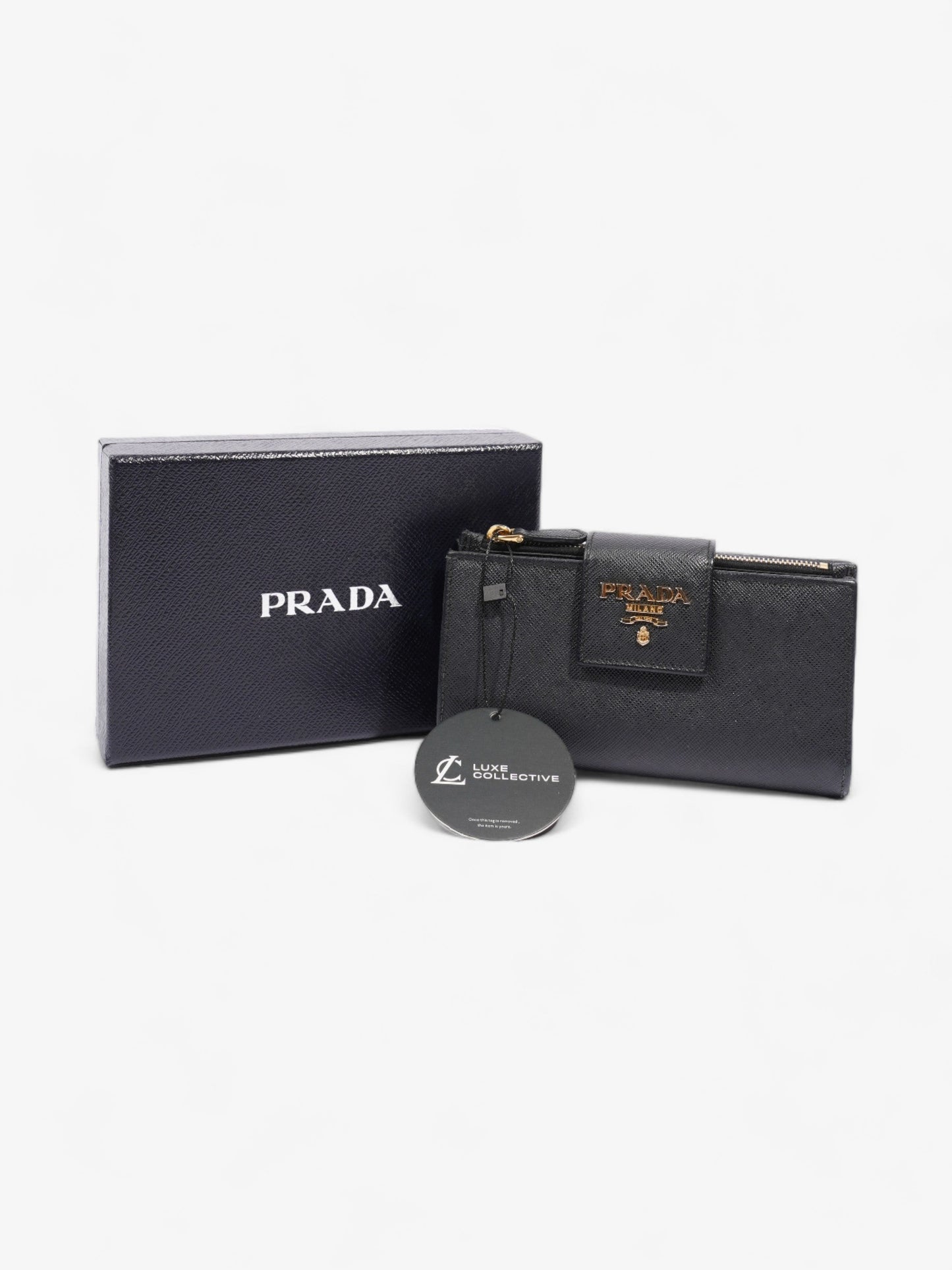Prada Logo Buckle Wallet Black Saffiano Leather Medium