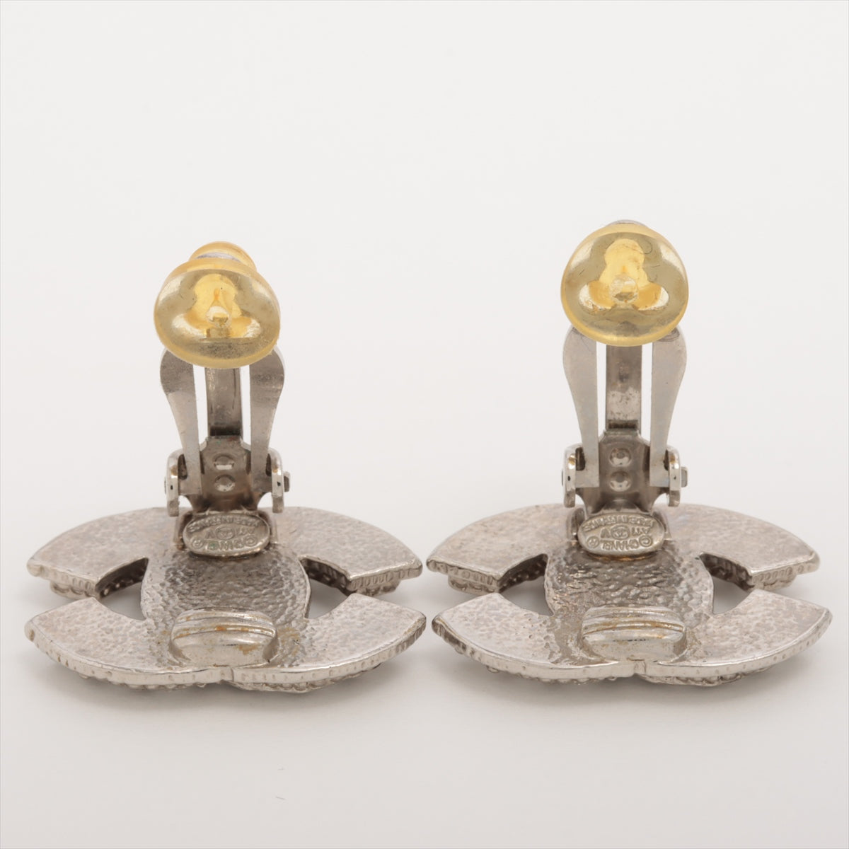 Chanel Coco Logo Rhinestone Silver Clip On Earrings