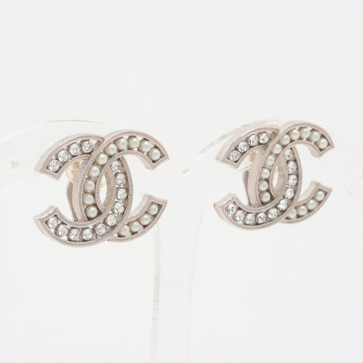 Chanel Coco Rhinestone Pearl Silver Clip On Earrings Costume Jewellery