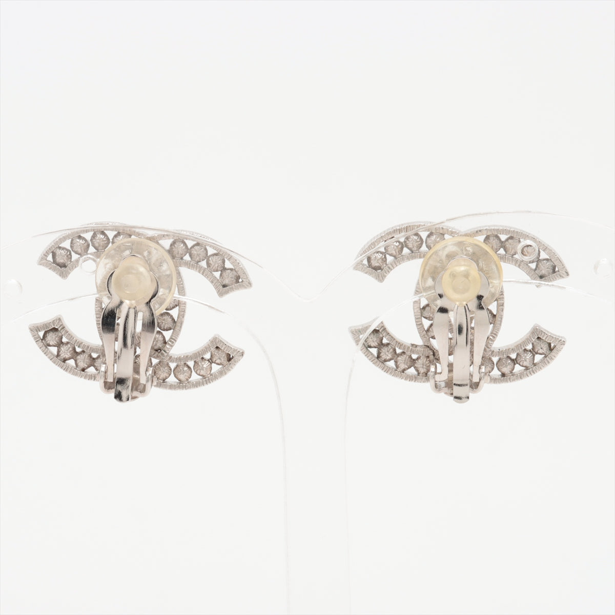Chanel Coco Rhinestone Pearl Silver Clip On Earrings Costume Jewellery