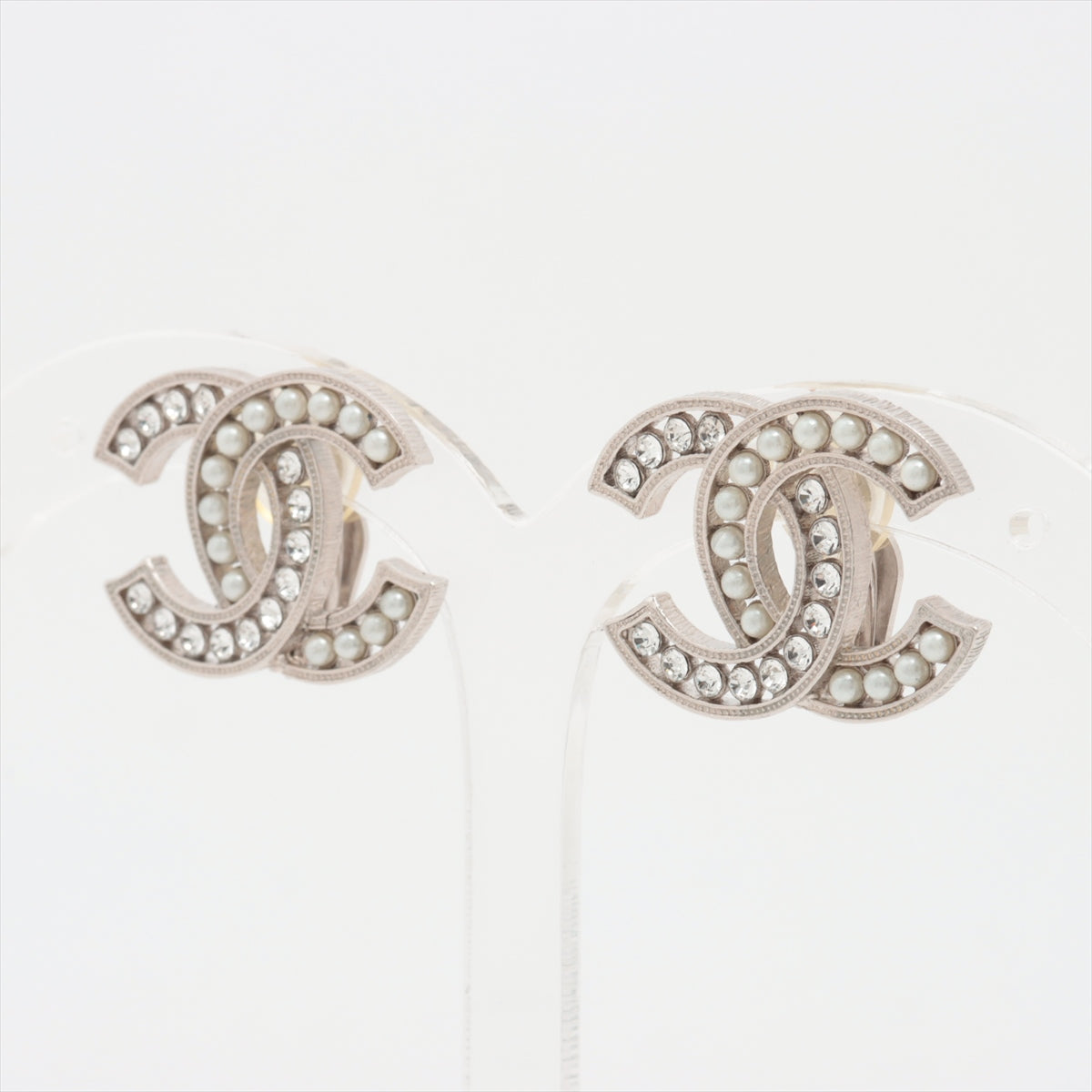 Chanel Coco Rhinestone Pearl Silver Clip On Earrings Costume Jewellery
