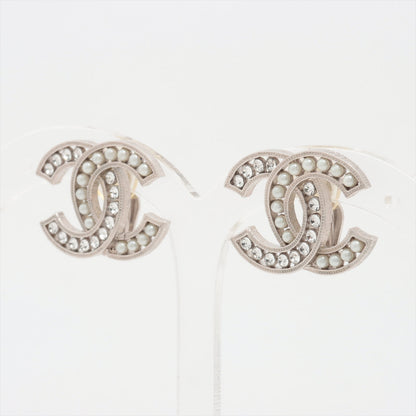 Chanel Coco Rhinestone Pearl Silver Clip On Earrings Costume Jewellery