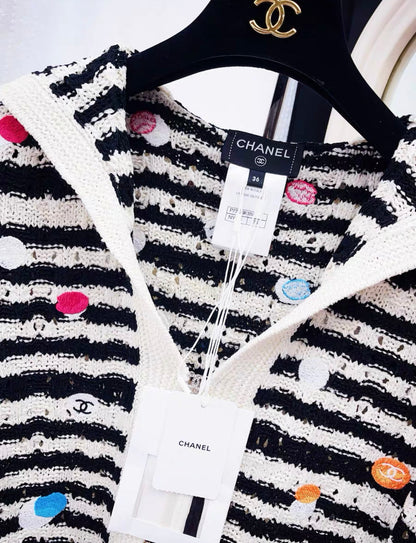 Chanel 24S black and white striped colorful polka dot navy collar knitted top size 36