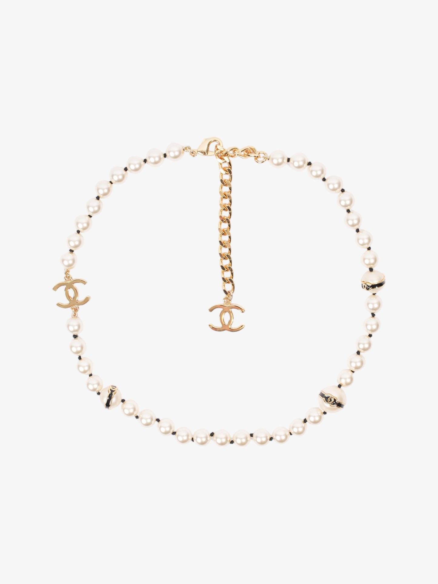 Chanel CC Pearl Necklace Gold Base Metal