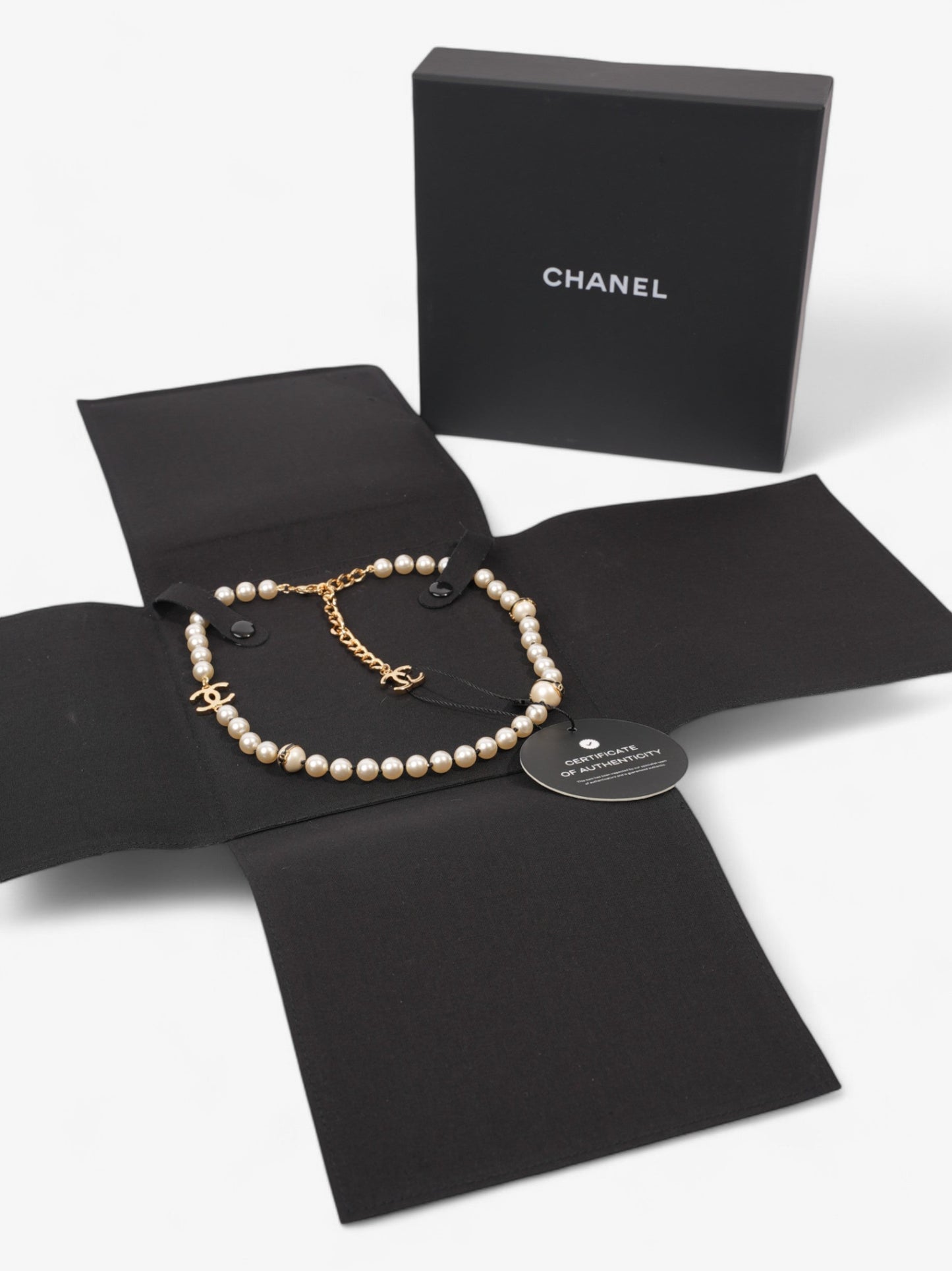 Chanel CC Pearl Necklace Gold Base Metal