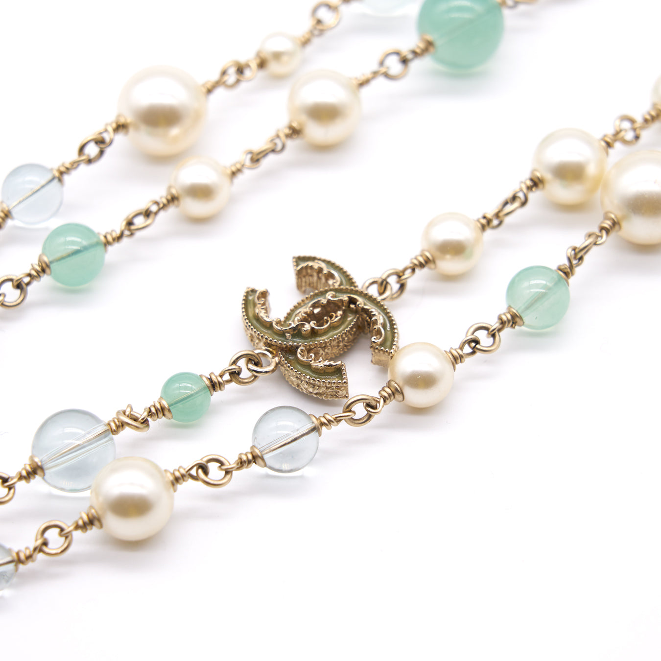 Chanel CC Pearl Gold Tone Pendant Double Chain Vintage Necklace