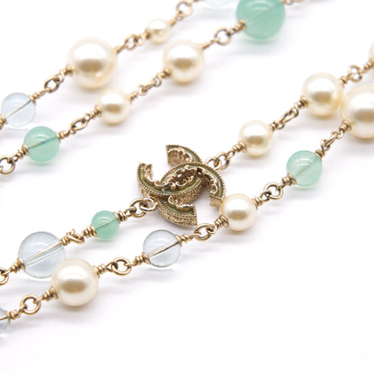 Chanel CC Pearl Gold Tone Pendant Double Chain Vintage Necklace