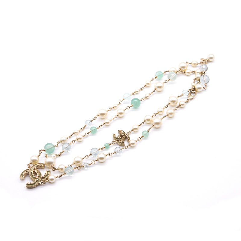 Chanel CC Pearl Gold Tone Pendant Double Chain Vintage Necklace