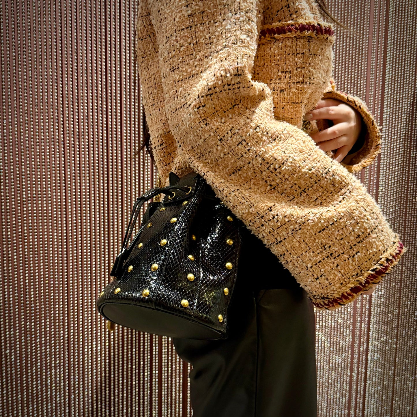 Saint Laurent Snakeskin Studded Anja Bucket Bag