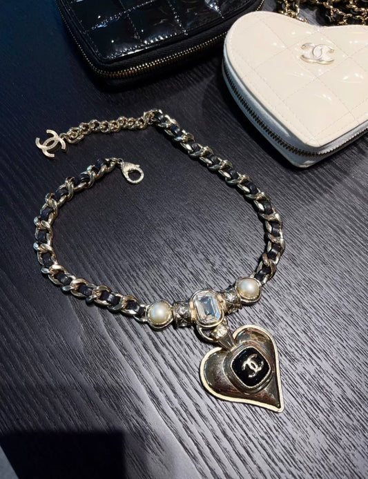 Chanel 21K Black Gold Leather Chain Double CC Heart Necklace
