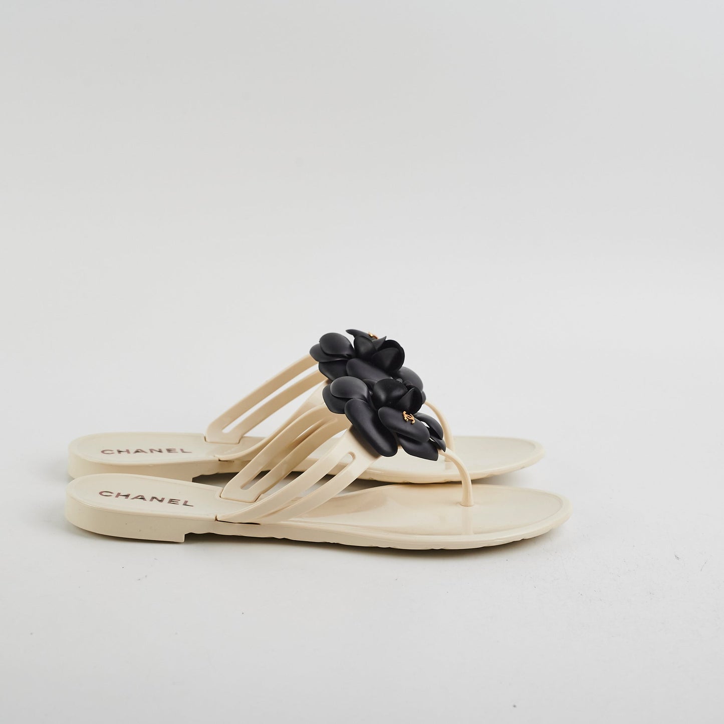 Chanel Camelia Jelly Sandals (Beige/Black) Size 40