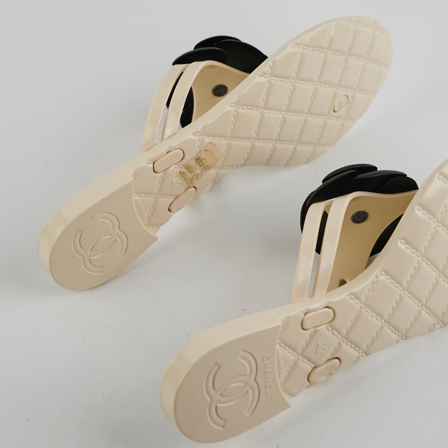 Chanel Camelia Jelly Sandals (Beige/Black) Size 40