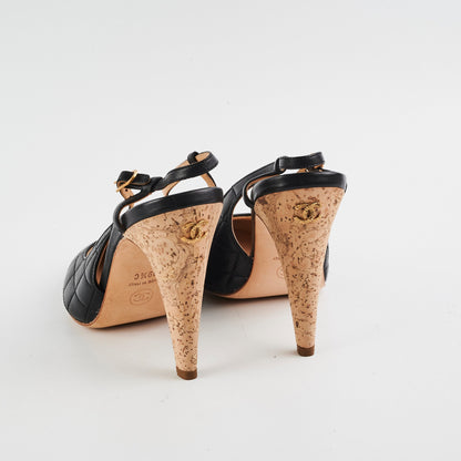 Chanel Quilted Heels Cork lambskin Black (Size 39.5)
