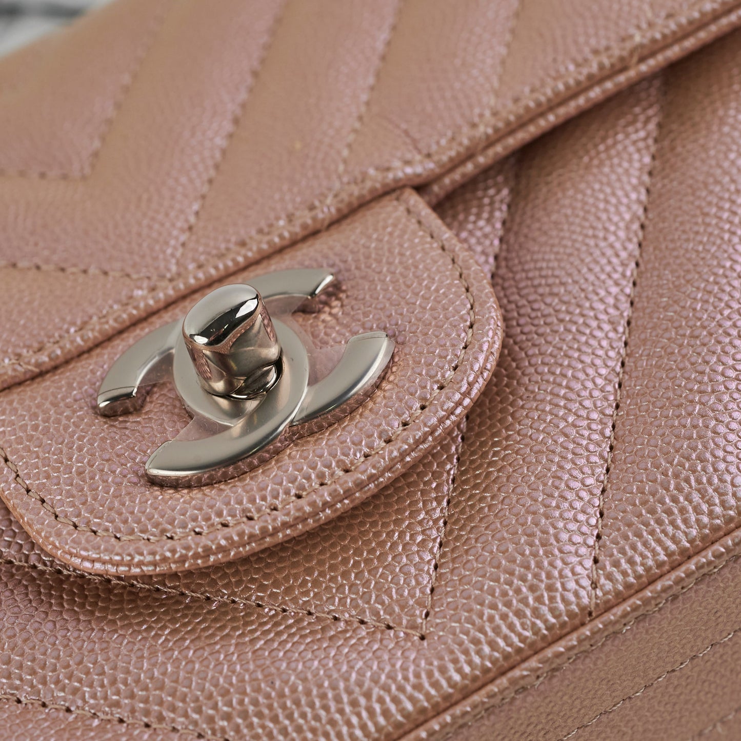 Chanel Mini Rectangular Chevron Caviar Rose Gold Iridescent