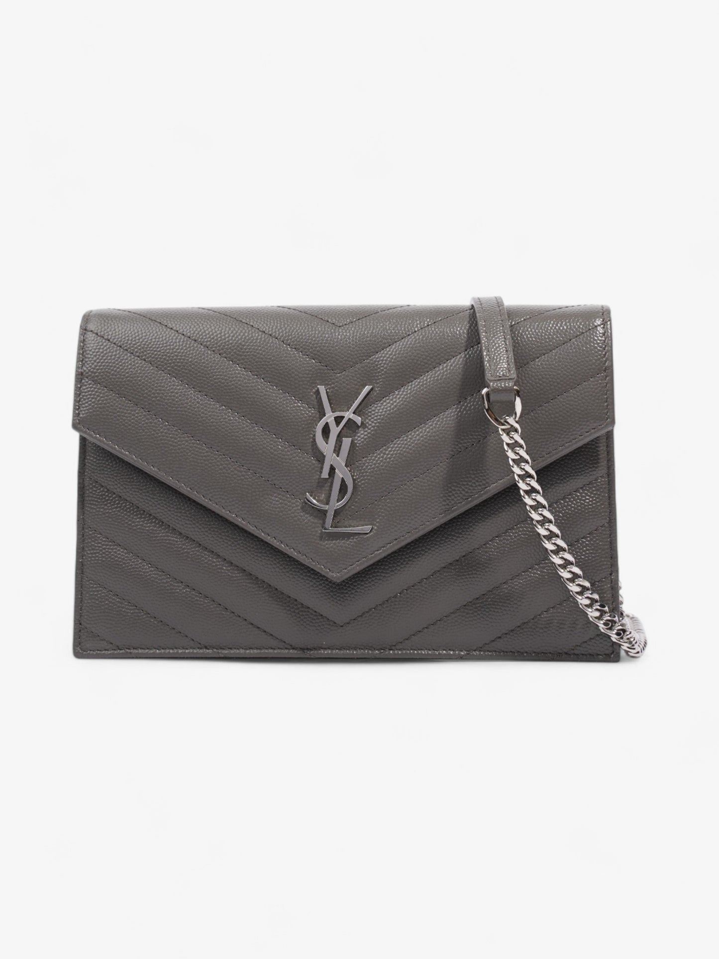 Saint Laurent Cassandre Envelope Chain Wallet Grey Grained Leather
