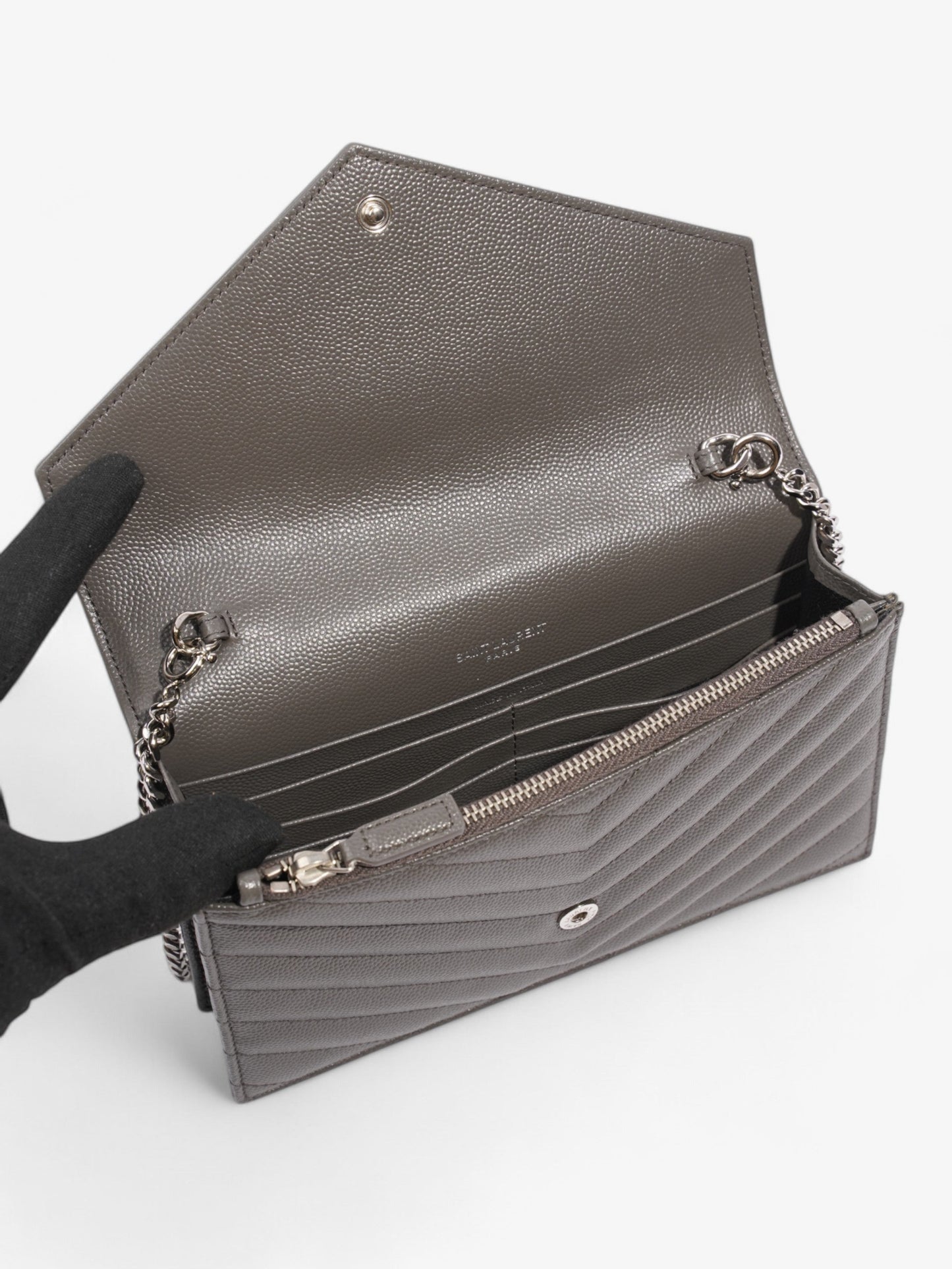 Saint Laurent Cassandre Envelope Chain Wallet Grey Grained Leather