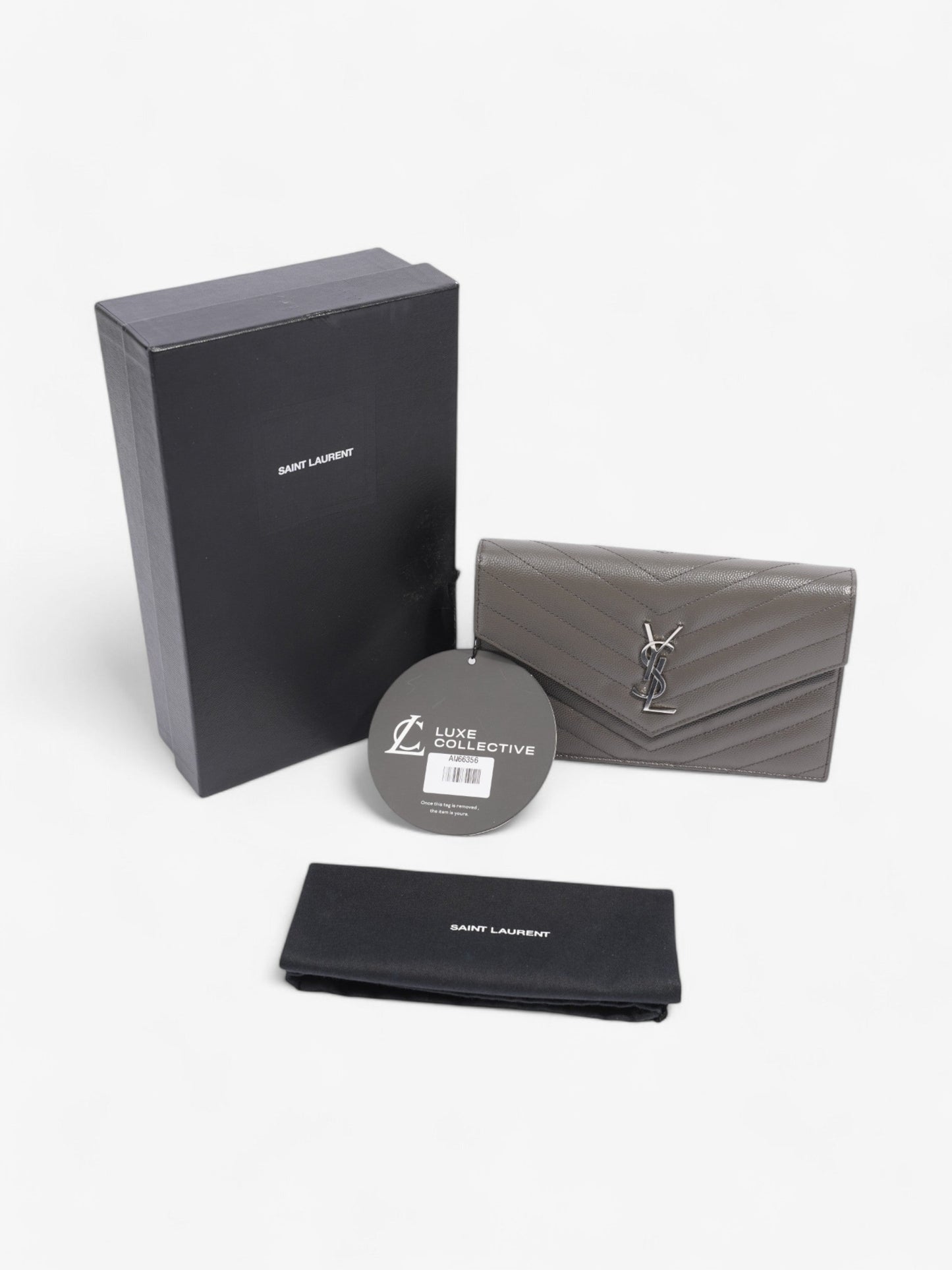 Saint Laurent Cassandre Envelope Chain Wallet Grey Grained Leather