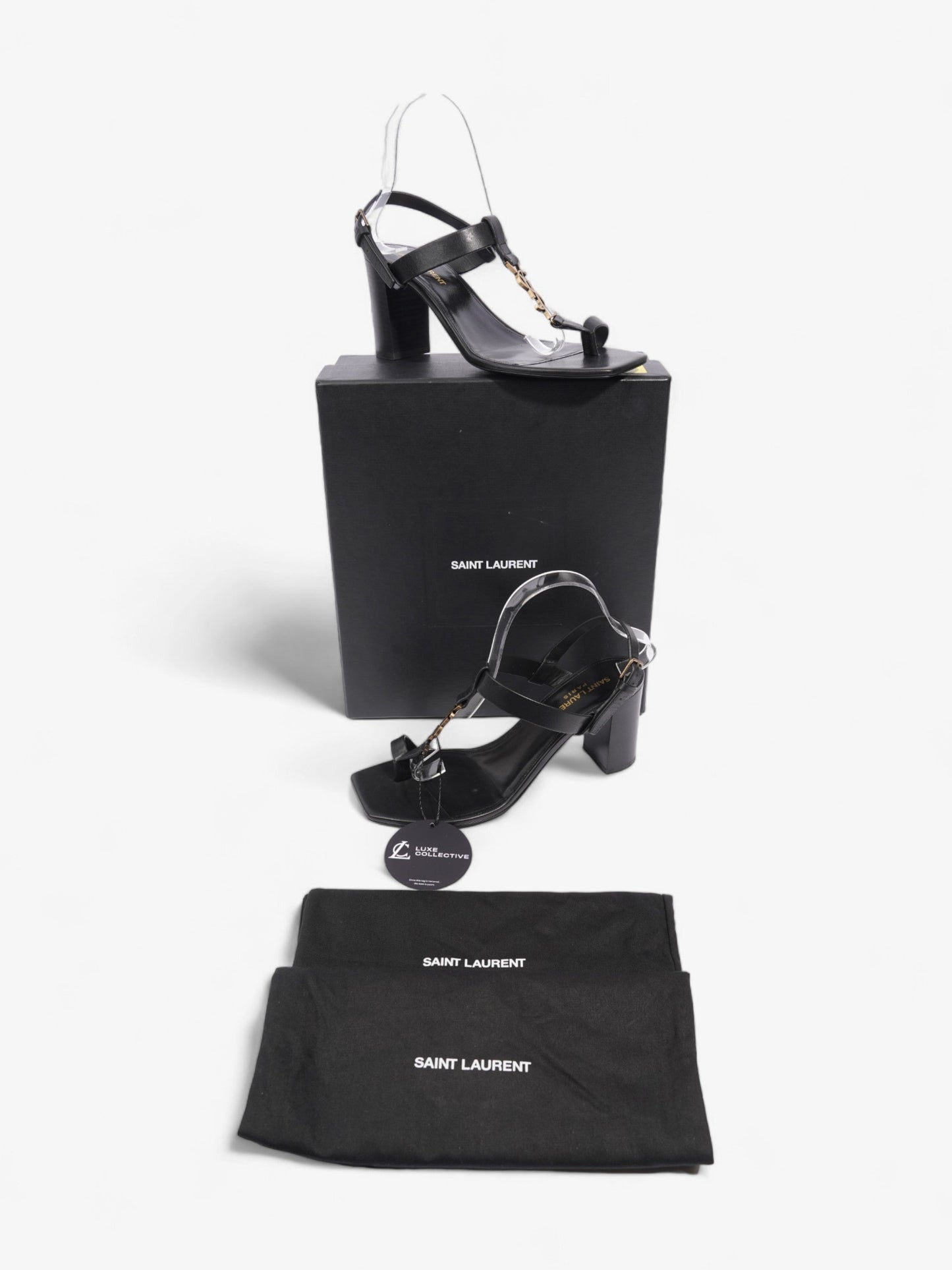 Saint Laurent Cassandre Heeled Sandals 75mm Black / Gold Leather EU 39 UK 6