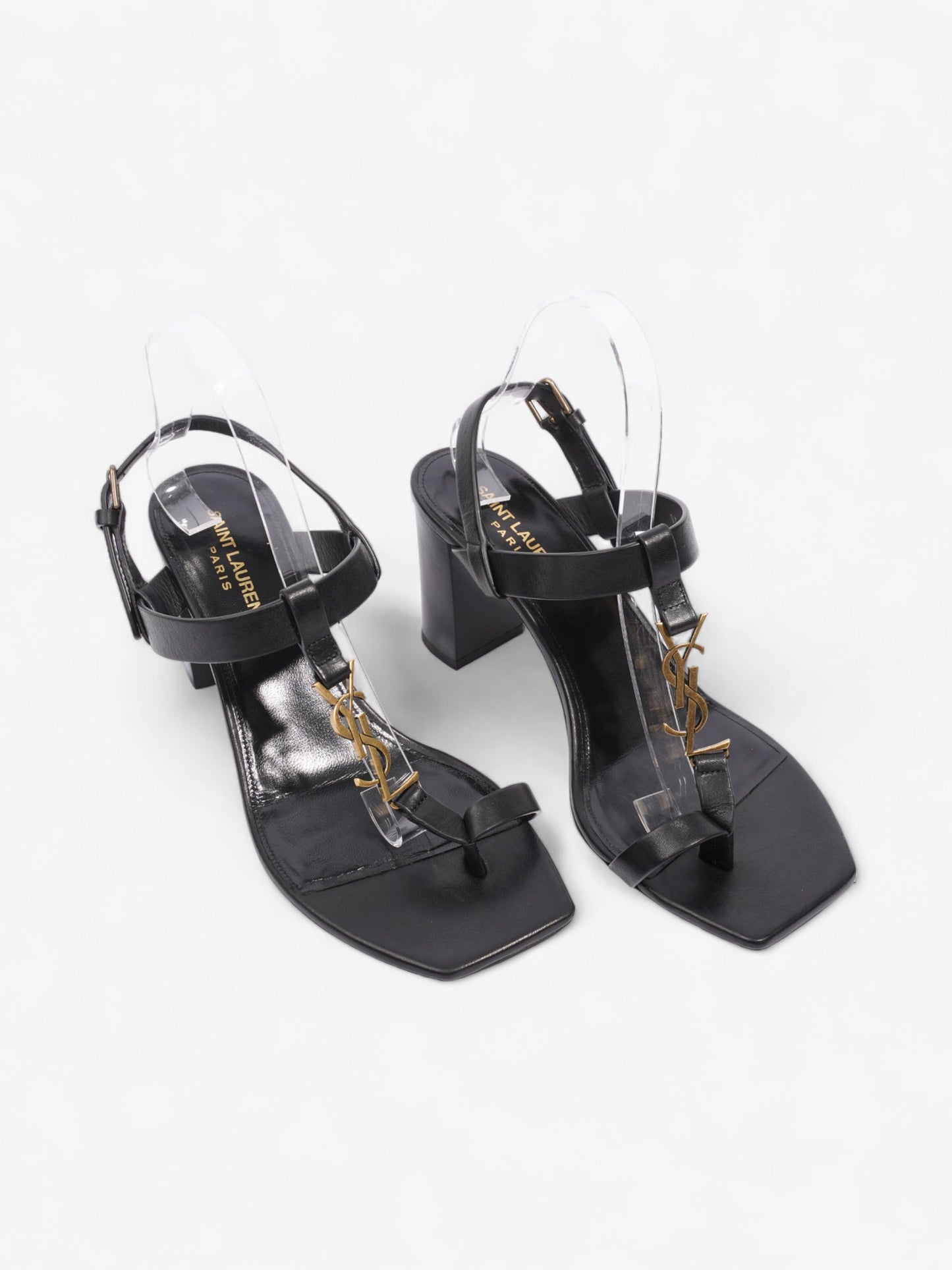 Saint Laurent Cassandre Heeled Sandals 75mm Black / Gold Leather EU 39 UK 6