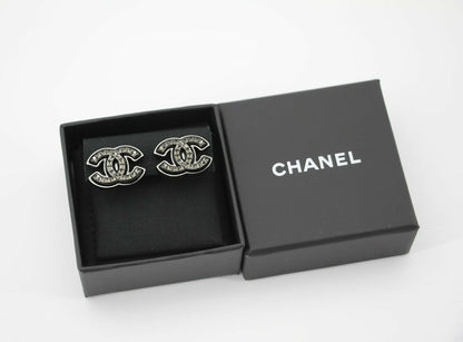 Chanel A24A Metal Black Silver Check CC Clip-on Earrings