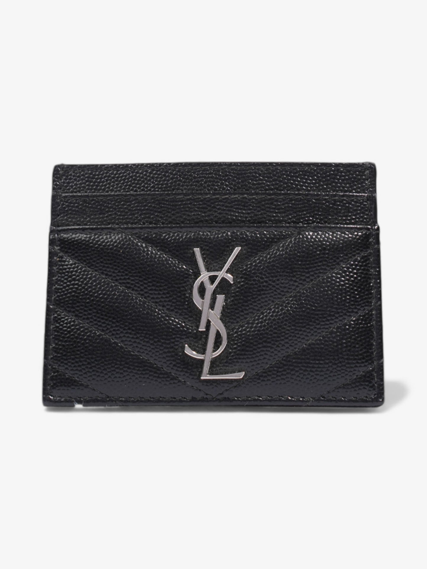 Saint Laurent Cassandre Card Holder Black / Silver Grained Leather