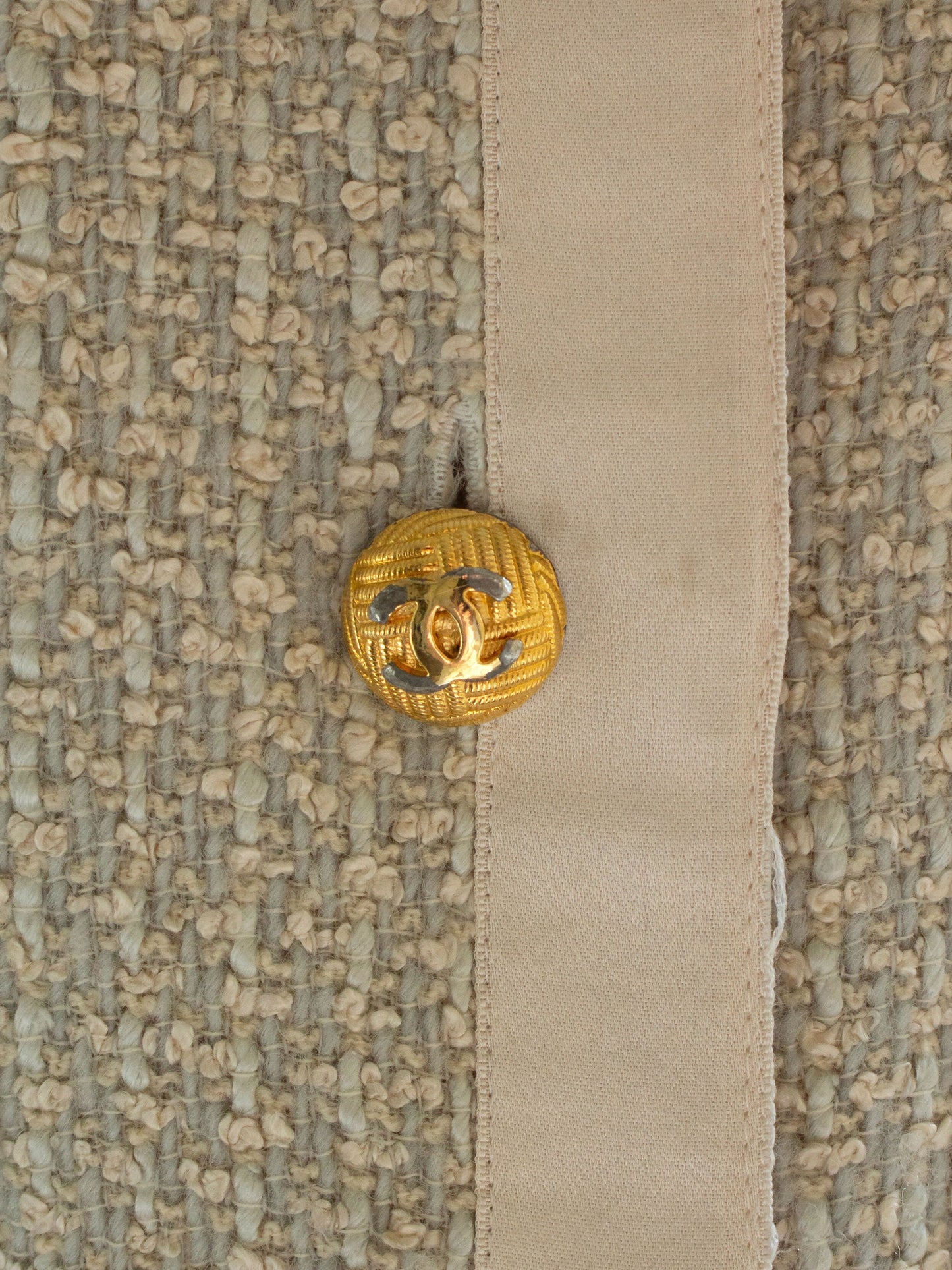 Chanel Vintage S/S1990 Seafood Green Cream Satin Bow Tweed Cropped Jacket