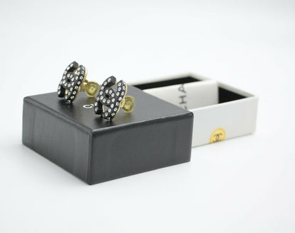Chanel Vintage 02A Rhinestone Black CC Logo Clip-on Earrings