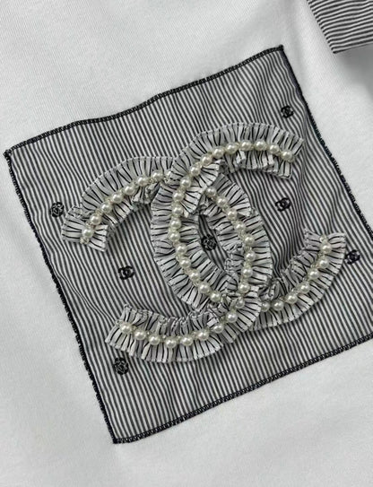 Chanel 24P BOW Top Knit Cotton White Black HUGE CRYSTAL PEARL CC LOGO