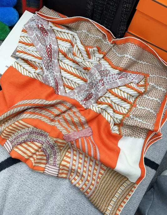 Hermes Scarf Cashmere 140 “Dressage Tressage” Orange/White/Beige