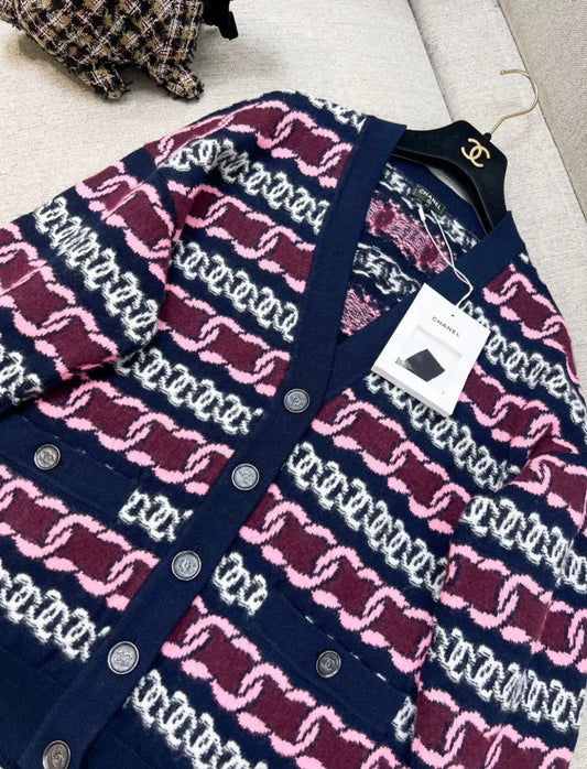 Chanel 23B Navy blue & Burgundy Cardigan