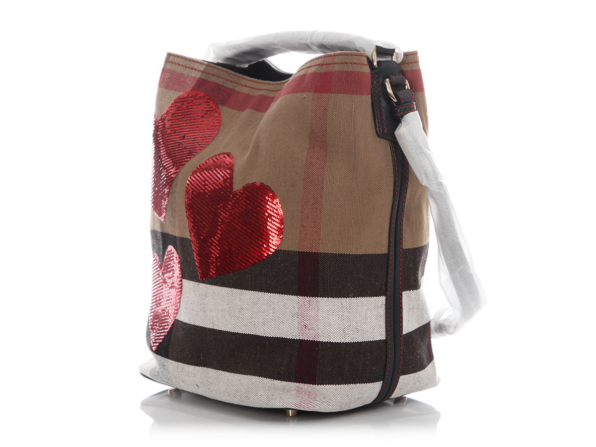 Burberry Medium Red Canvassed Check Sequin Hearts Ashby Hobo