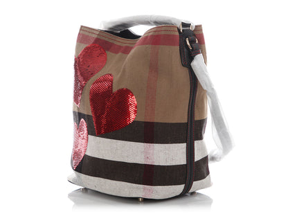 Burberry Medium Red Canvassed Check Sequin Hearts Ashby Hobo