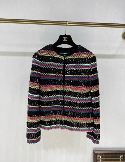 Chanel 22S striped colorful woven sequined jacket FR34