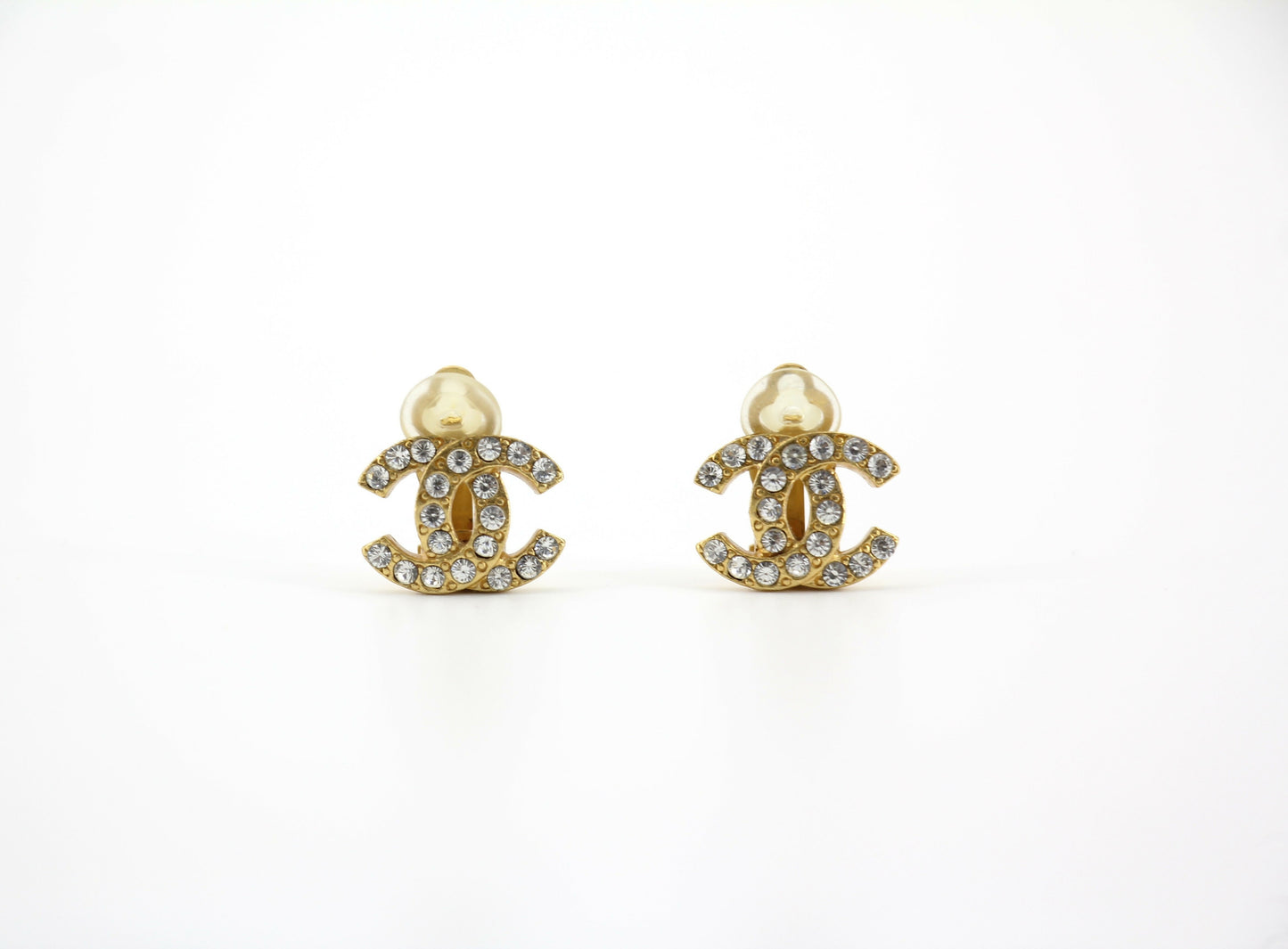 Chanel Vintage 02A Rhinestone Gold-plated CC Mark Clip-on Earrings