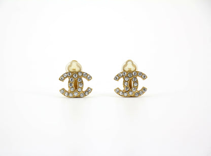 Chanel Vintage 02A Rhinestone Gold-plated CC Mark Clip-on Earrings
