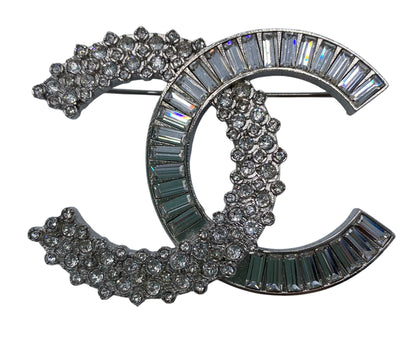 Chanel 2019 Large Silver Crystal Embellished CC Brooch