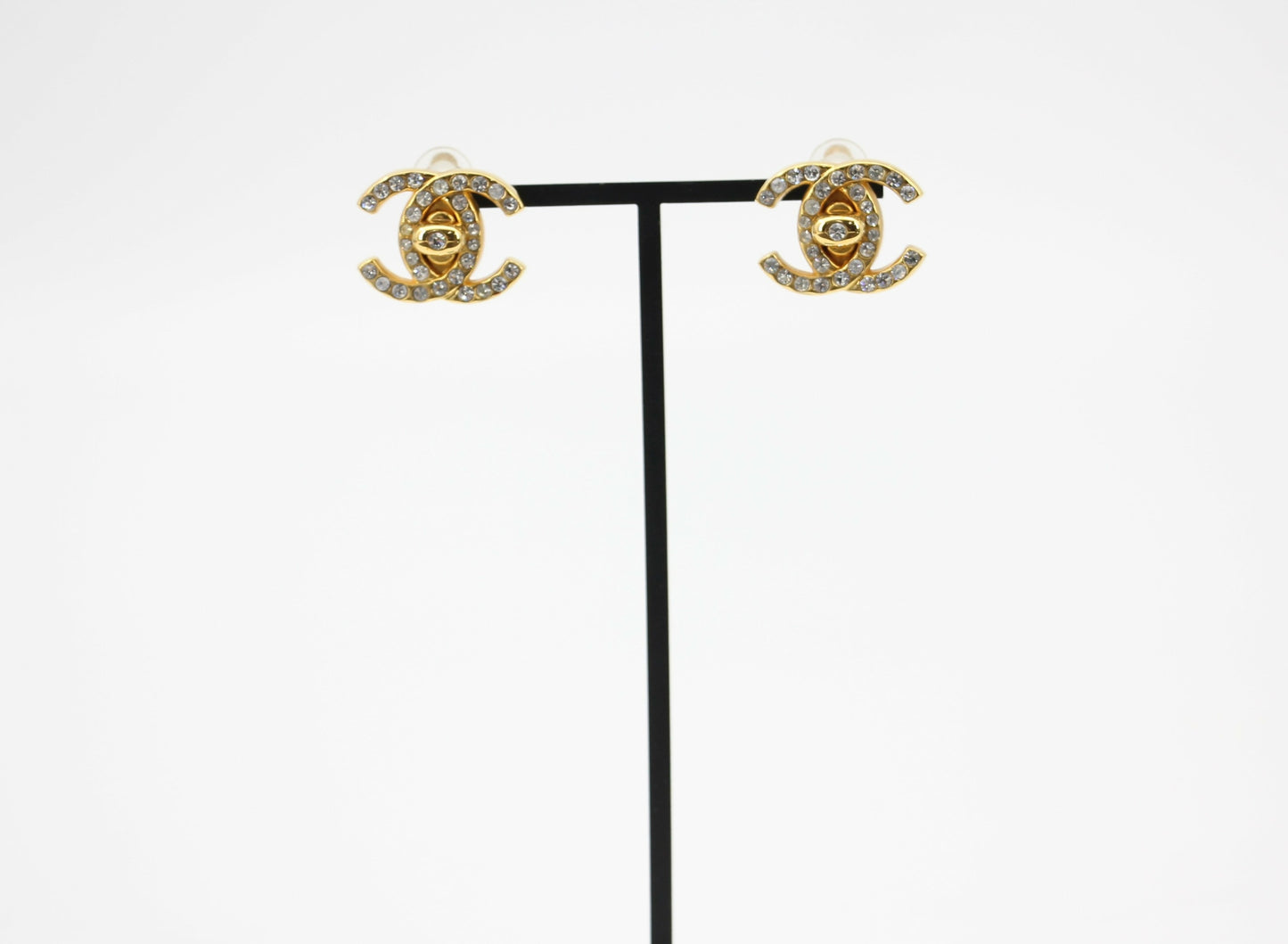 Chanel Vintage 96A Rhinestone & Gold-plated Backpack Buckle CC Clip-on Earrings