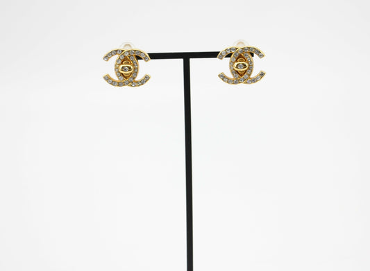 Chanel Vintage 96A Rhinestone & Gold-plated Backpack Buckle CC Clip-on Earrings