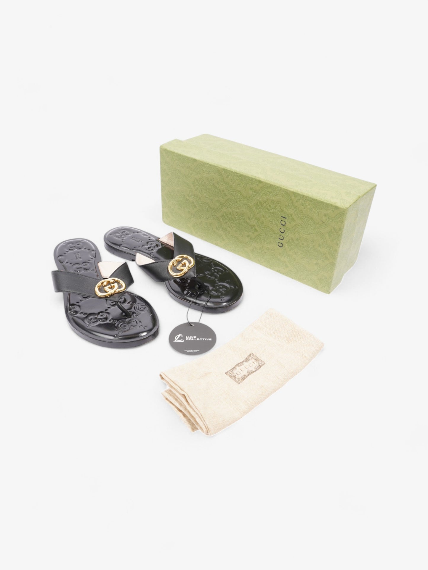 Gucci Interlocking GG Thong Sandals Black / Gold Leather EU 40.5 UK 7.5