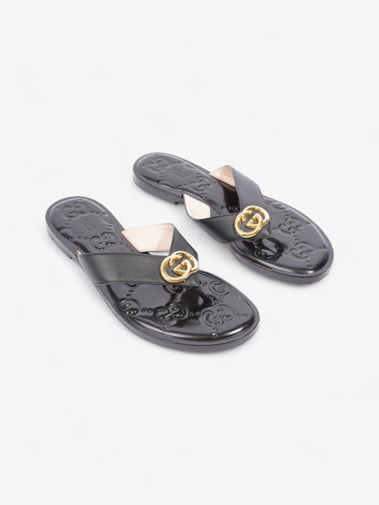 Gucci Interlocking GG Thong Sandals Black / Gold Leather EU 40.5 UK 7.5
