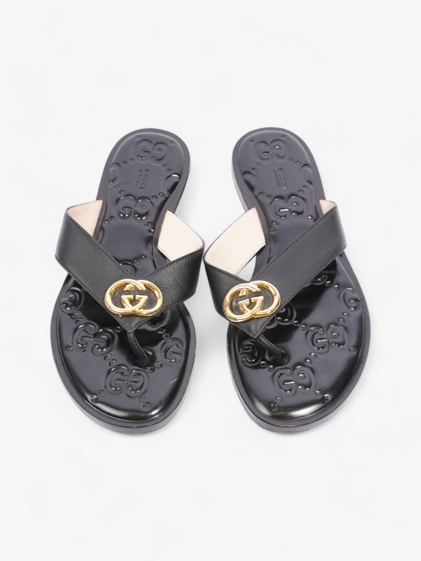 Gucci Interlocking GG Thong Sandals Black / Gold Leather EU 40.5 UK 7.5