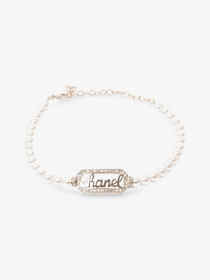 Chanel Logo Pearl Necklace Light Gold Base Metal