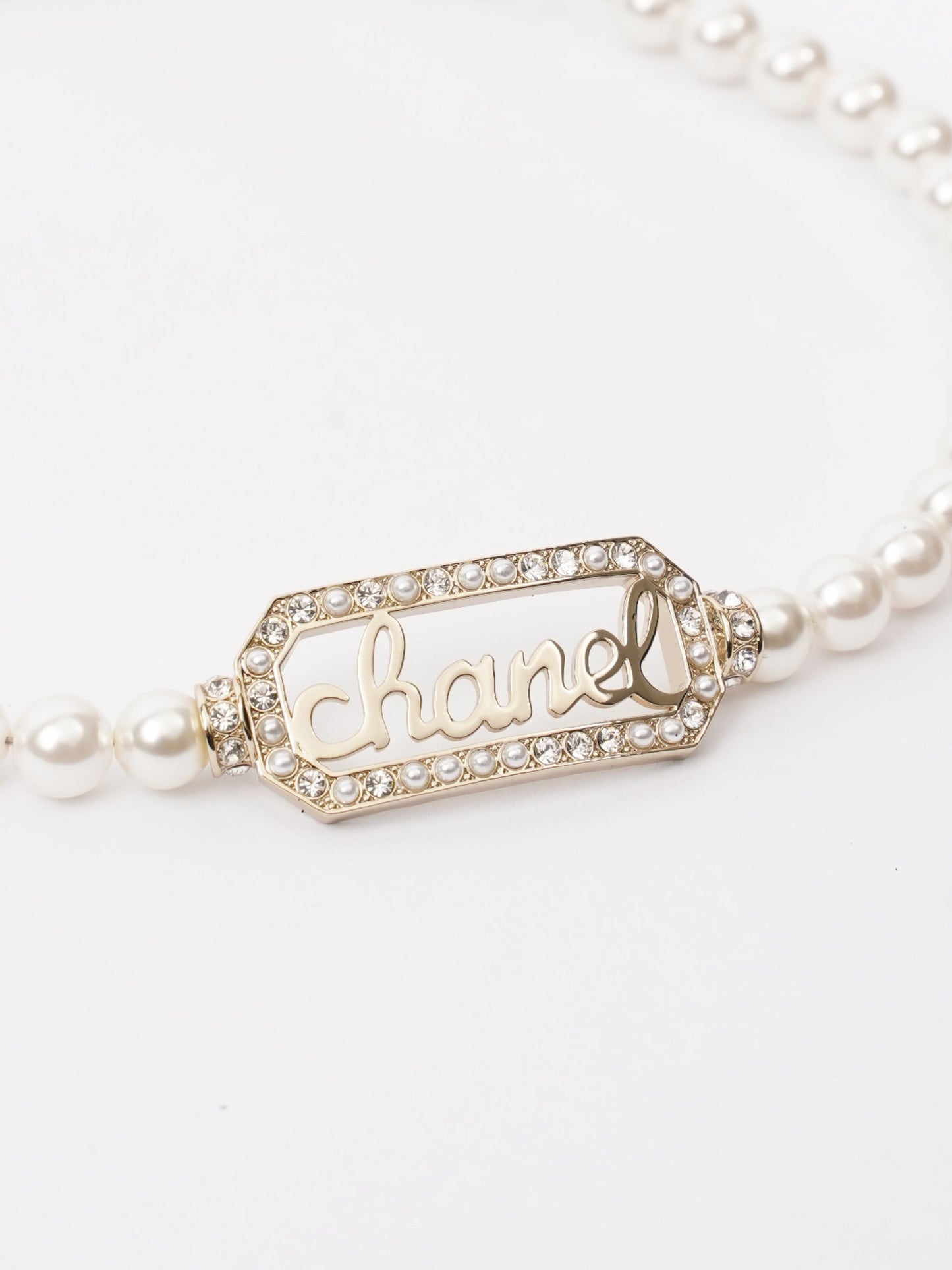 Chanel Logo Pearl Necklace Light Gold Base Metal