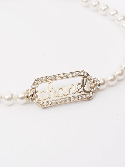 Chanel Logo Pearl Necklace Light Gold Base Metal