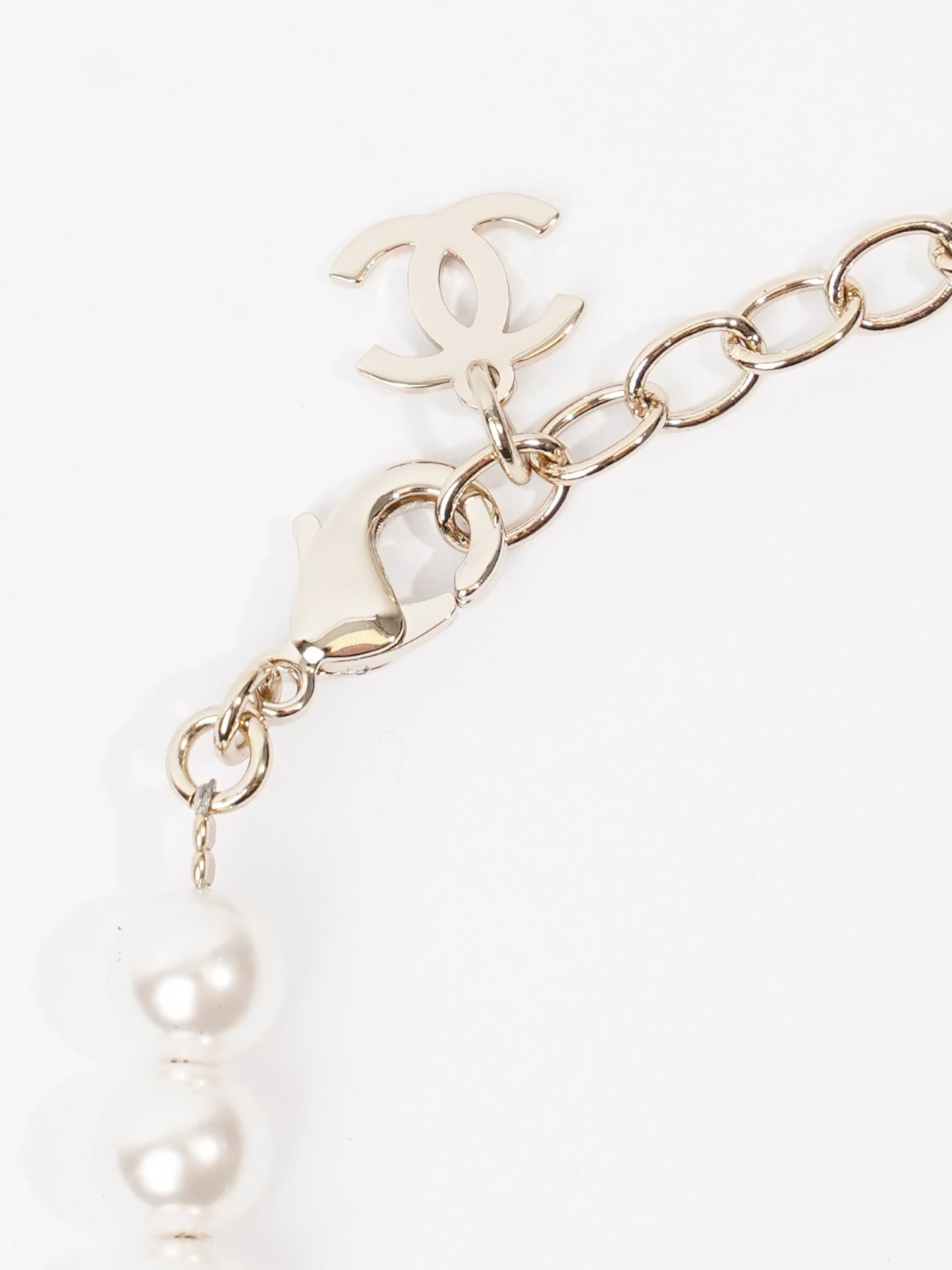 Chanel Logo Pearl Necklace Light Gold Base Metal