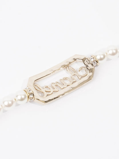 Chanel Logo Pearl Necklace Light Gold Base Metal
