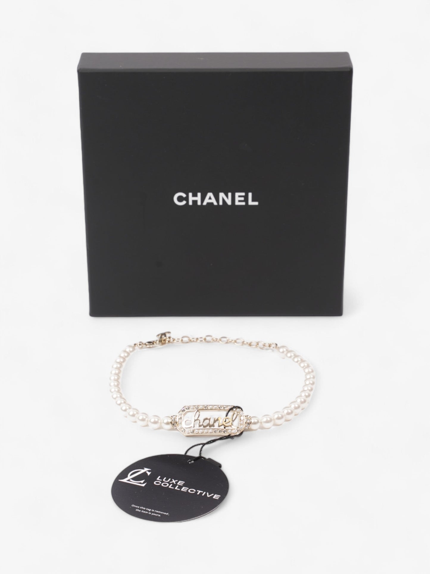 Chanel Logo Pearl Necklace Light Gold Base Metal