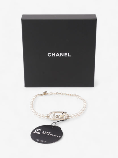 Chanel Logo Pearl Necklace Light Gold Base Metal