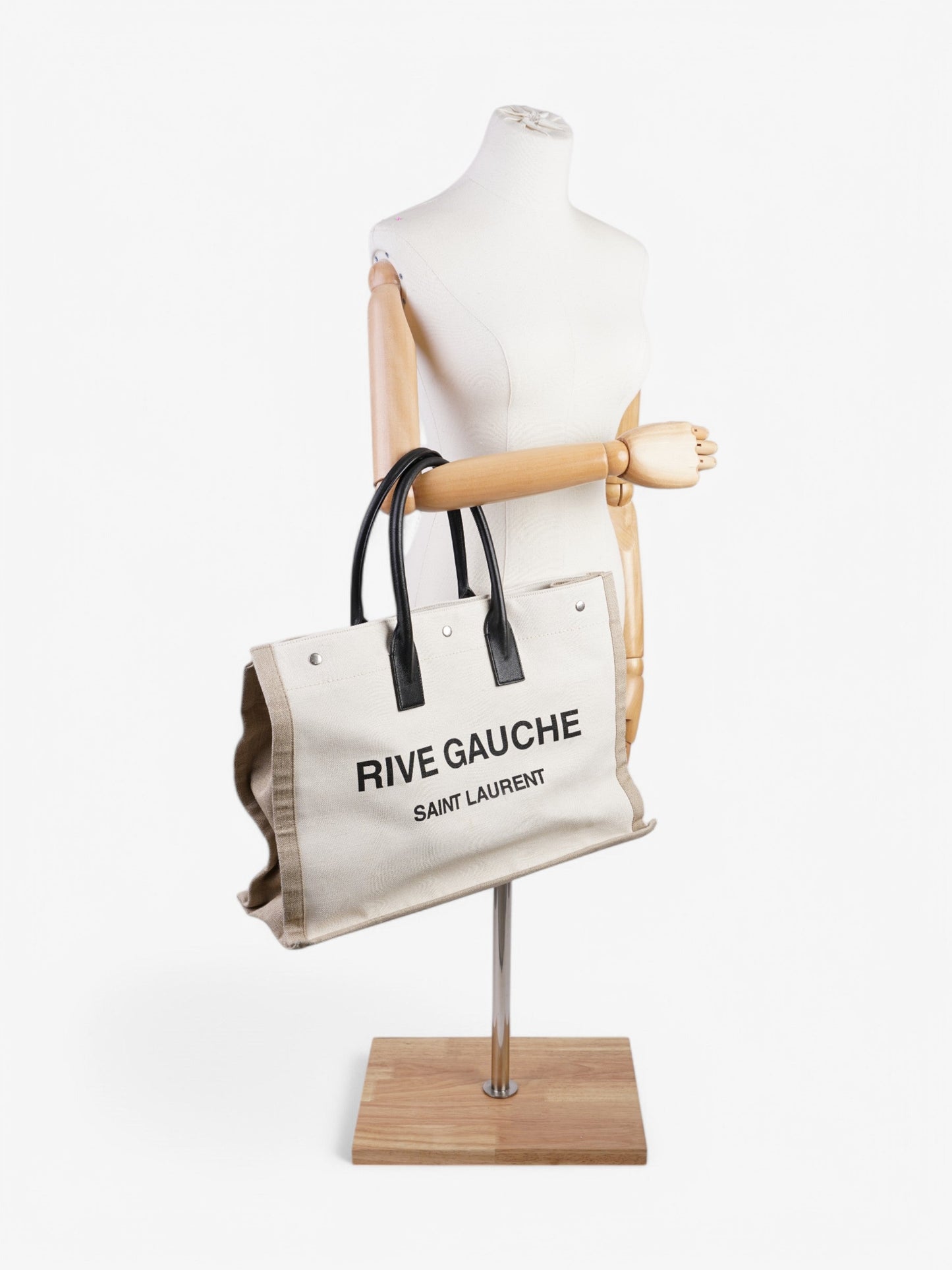 Saint Laurent Rive Gauche Tote White / Black / Greige Canvas Large