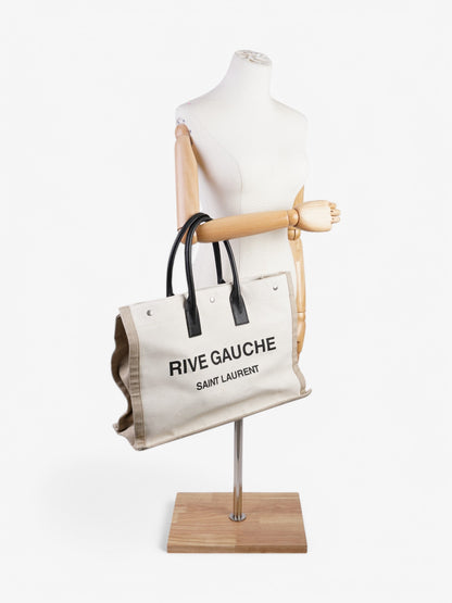 Saint Laurent Rive Gauche Tote White / Black / Greige Canvas Large